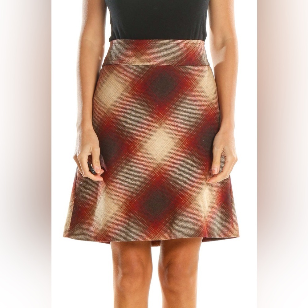LOFT Wool Plaid Retro A line Skirt Beige Red